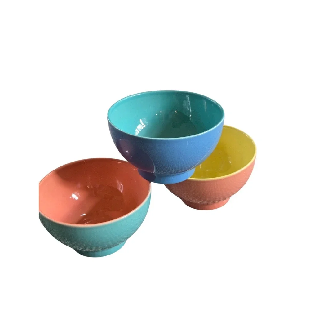 Set of 3 Porto Alegre Cereal Soup Bowls Pastel Ceramic 2 Tone Portugal Colorful‎